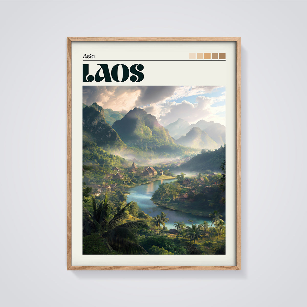 Laos River Valley Print framed in oak on a grey background