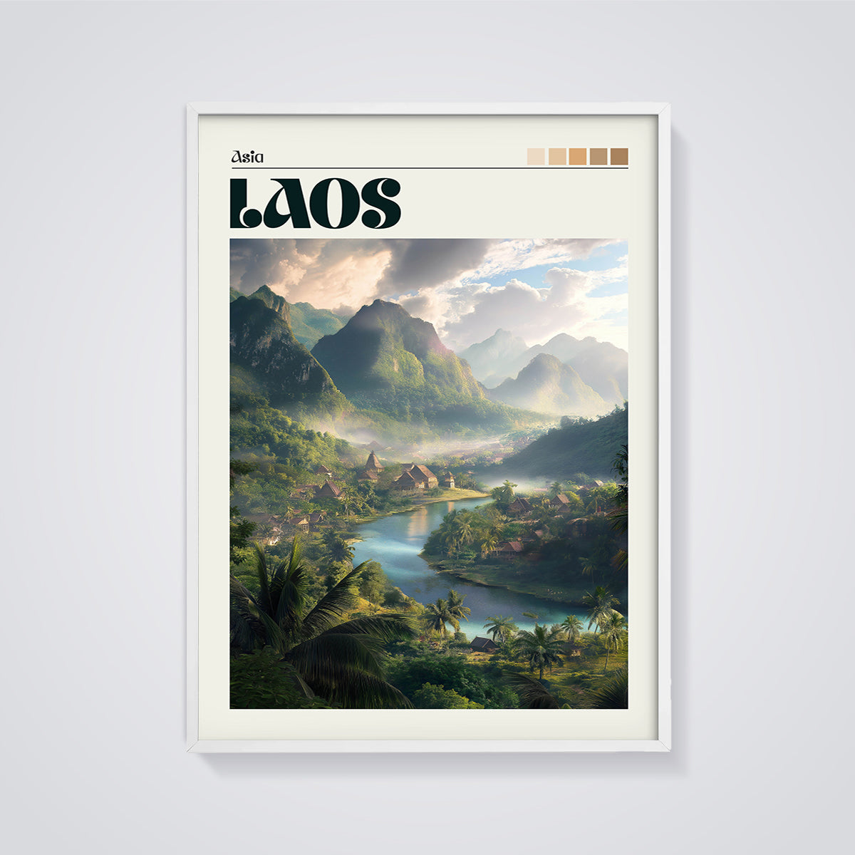 Laos River Valley Print framed in white on a grey background