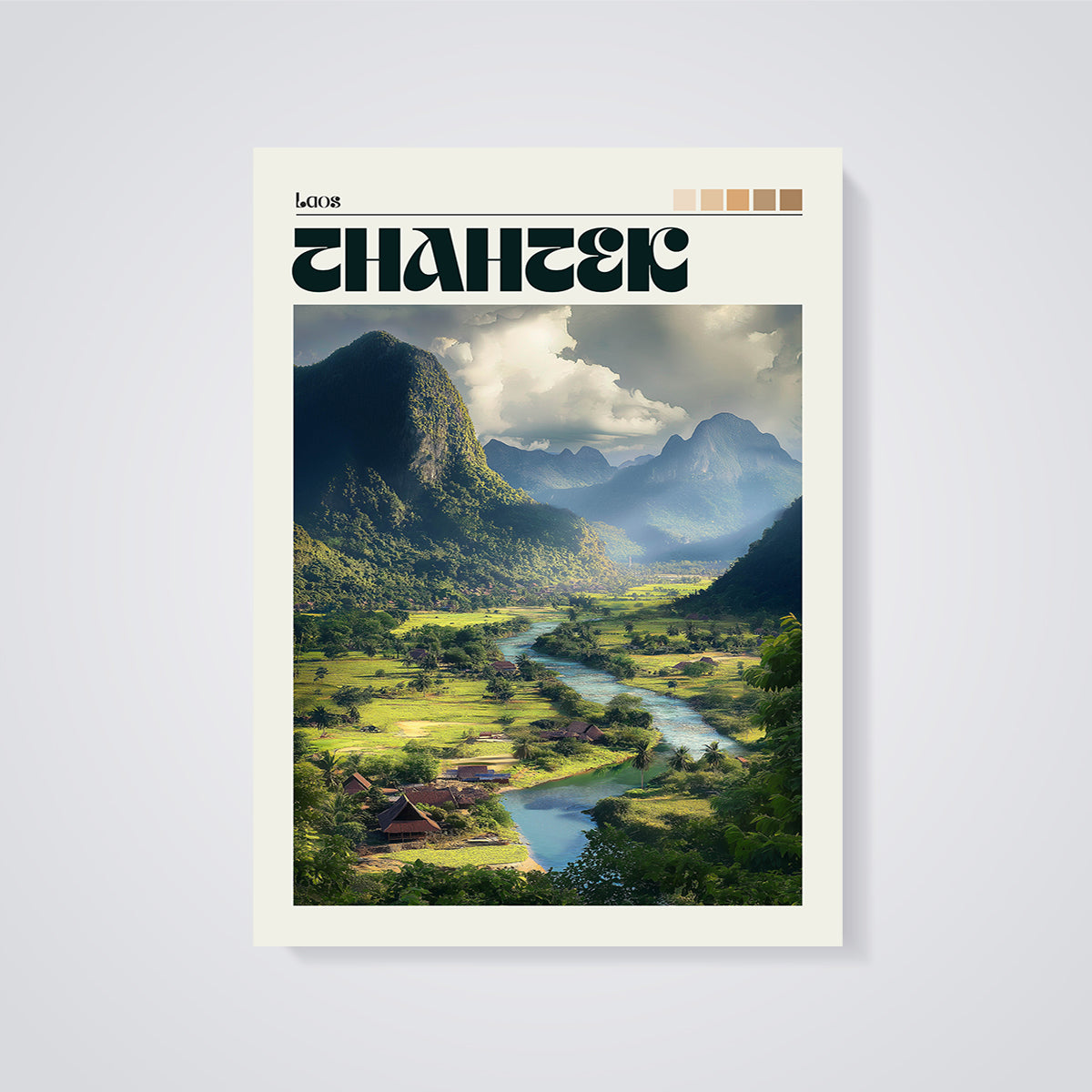 Laos River Valley Print Aesthetic unframed on a grey background