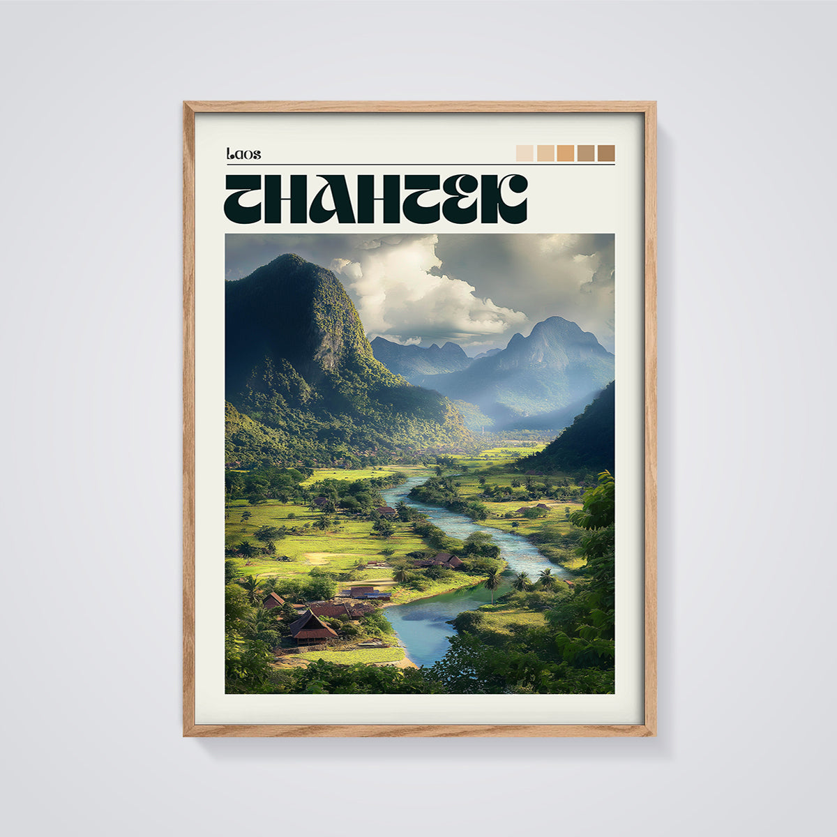 Laos River Valley Print Aesthetic framed in oak on a grey background