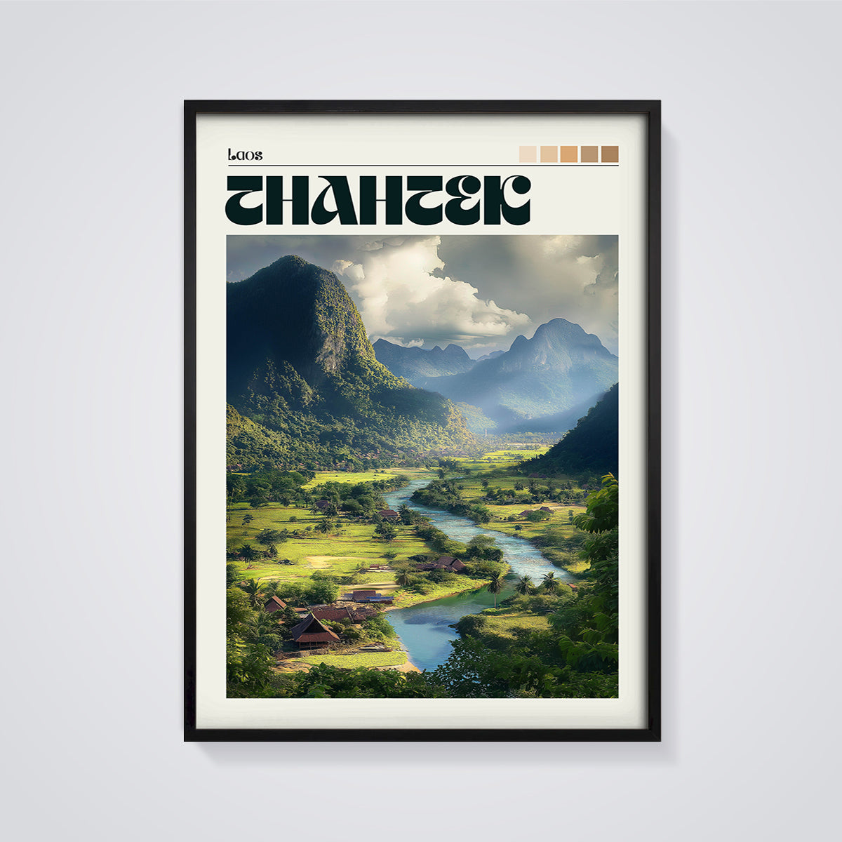 Laos River Valley Print Aesthetic framed in black on a grey background