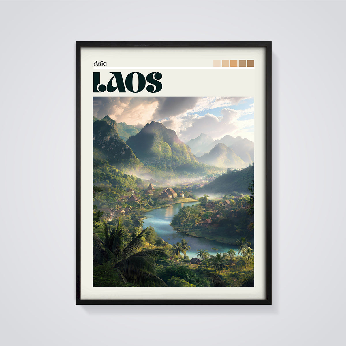 Laos River Valley Print framed in black on a grey background