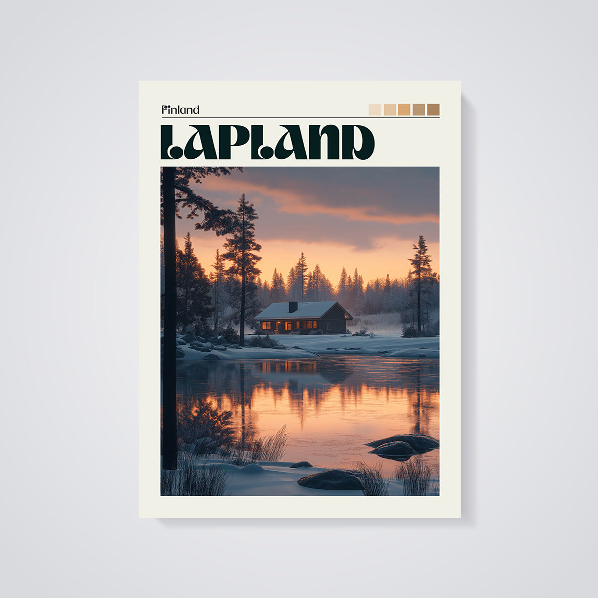 Lapland Winter Cabin Print unframed on a grey background