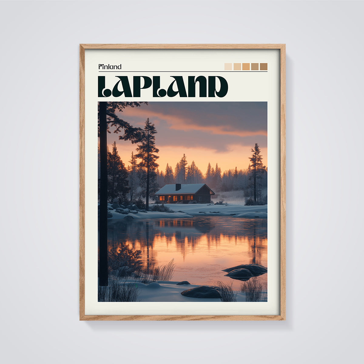 Lapland Winter Cabin Print framed in oak on a grey background