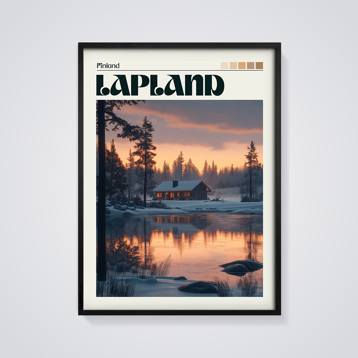 Lapland Winter Cabin Print framed in black on a grey background