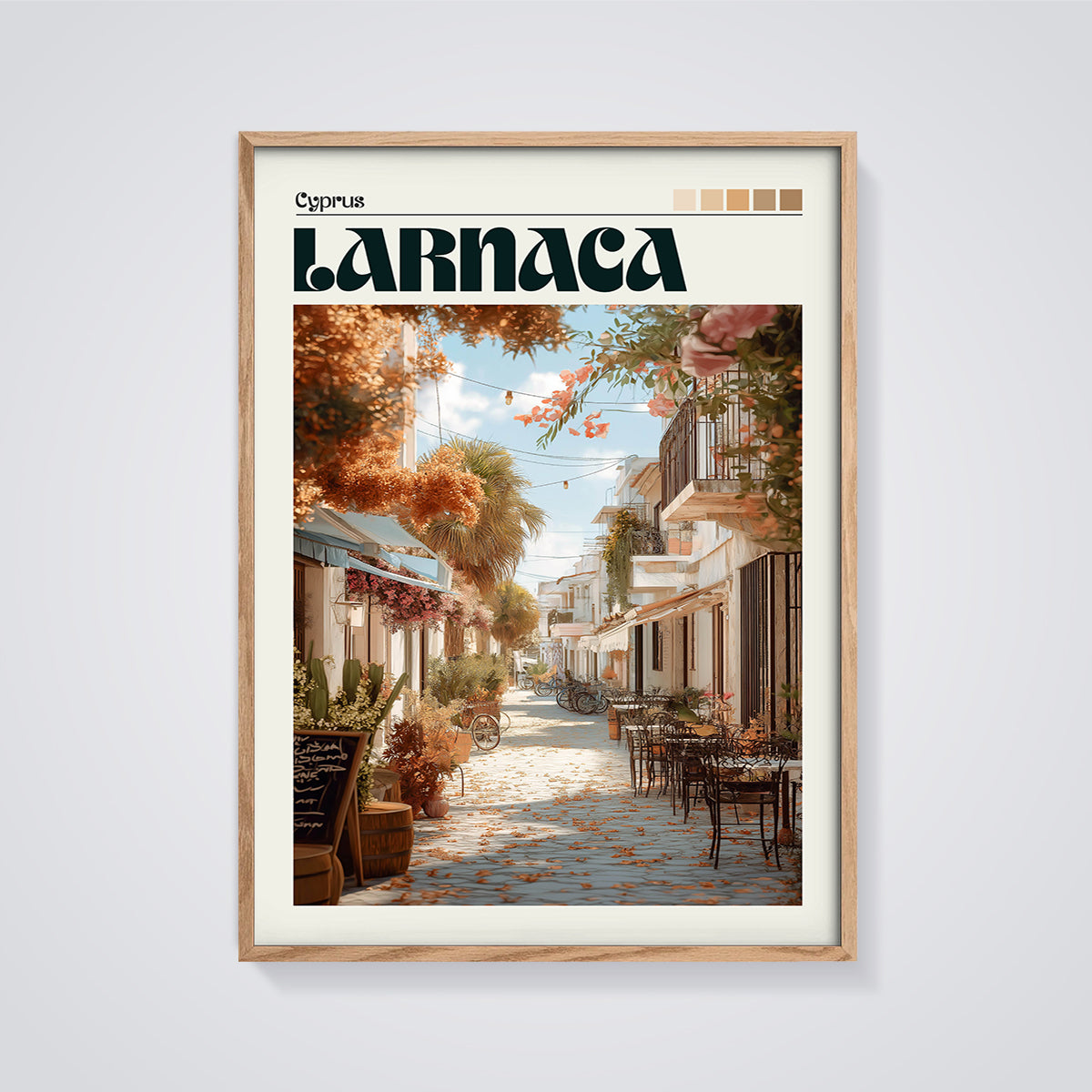 Larnaca Old Town Street Print framed in oak on a grey background