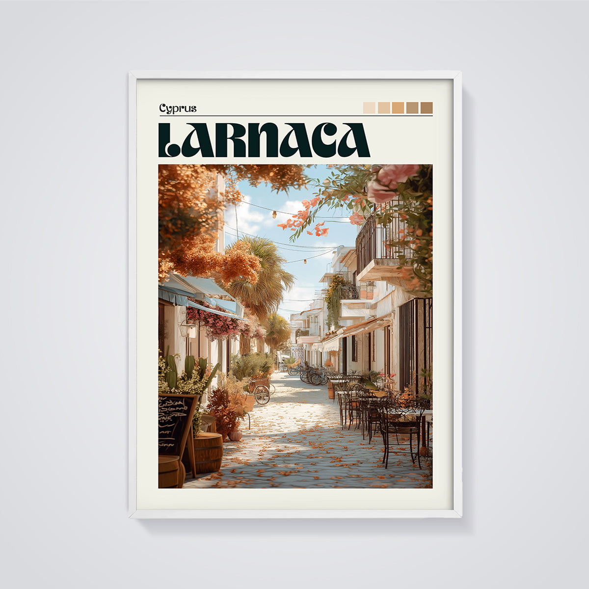 Larnaca Old Town Street Print framed in white on a grey background