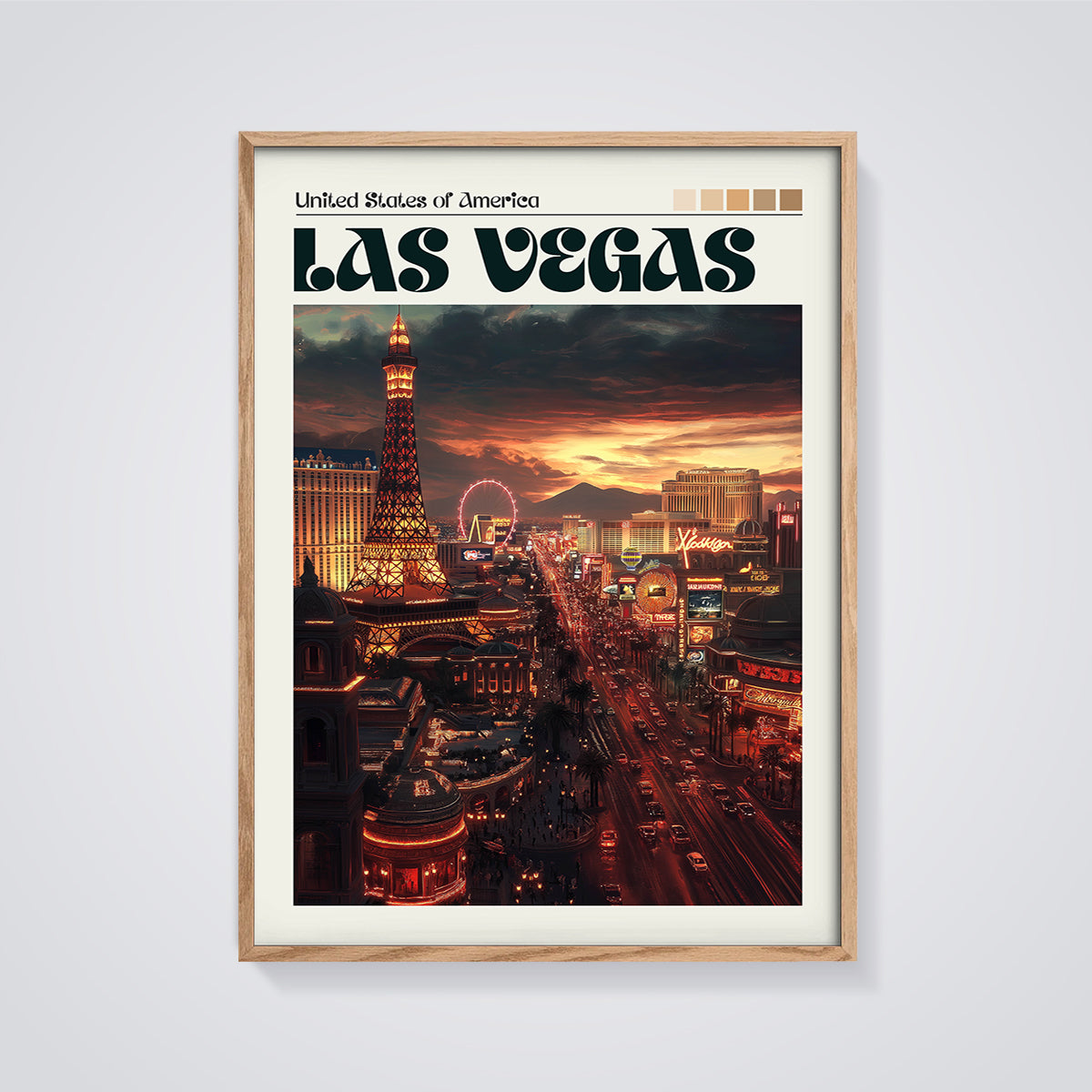 Las Vegas Sunset Cityscape Print framed in oak on a grey background