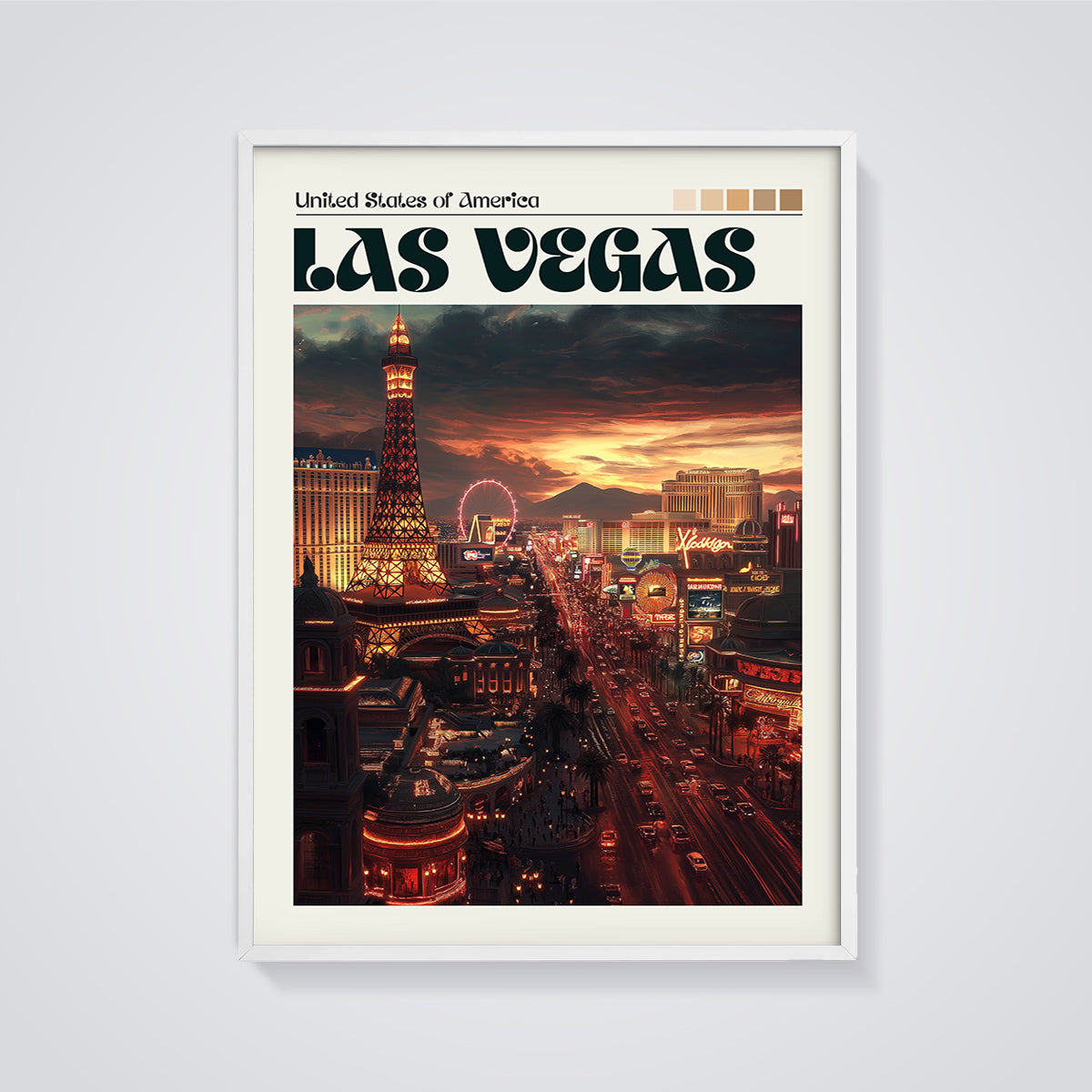 Las Vegas Sunset Cityscape Print framed in white on a grey background