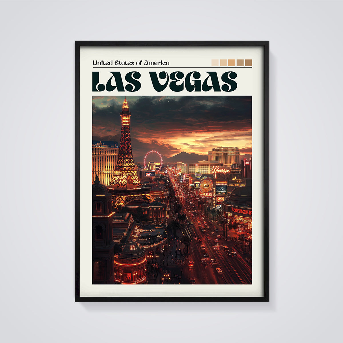 Las Vegas Sunset Cityscape Print framed in black on a grey background