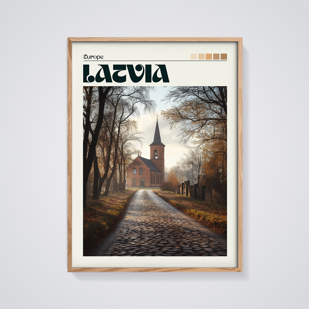 Latvia Church Path Autumn Print framed in oak on a grey background