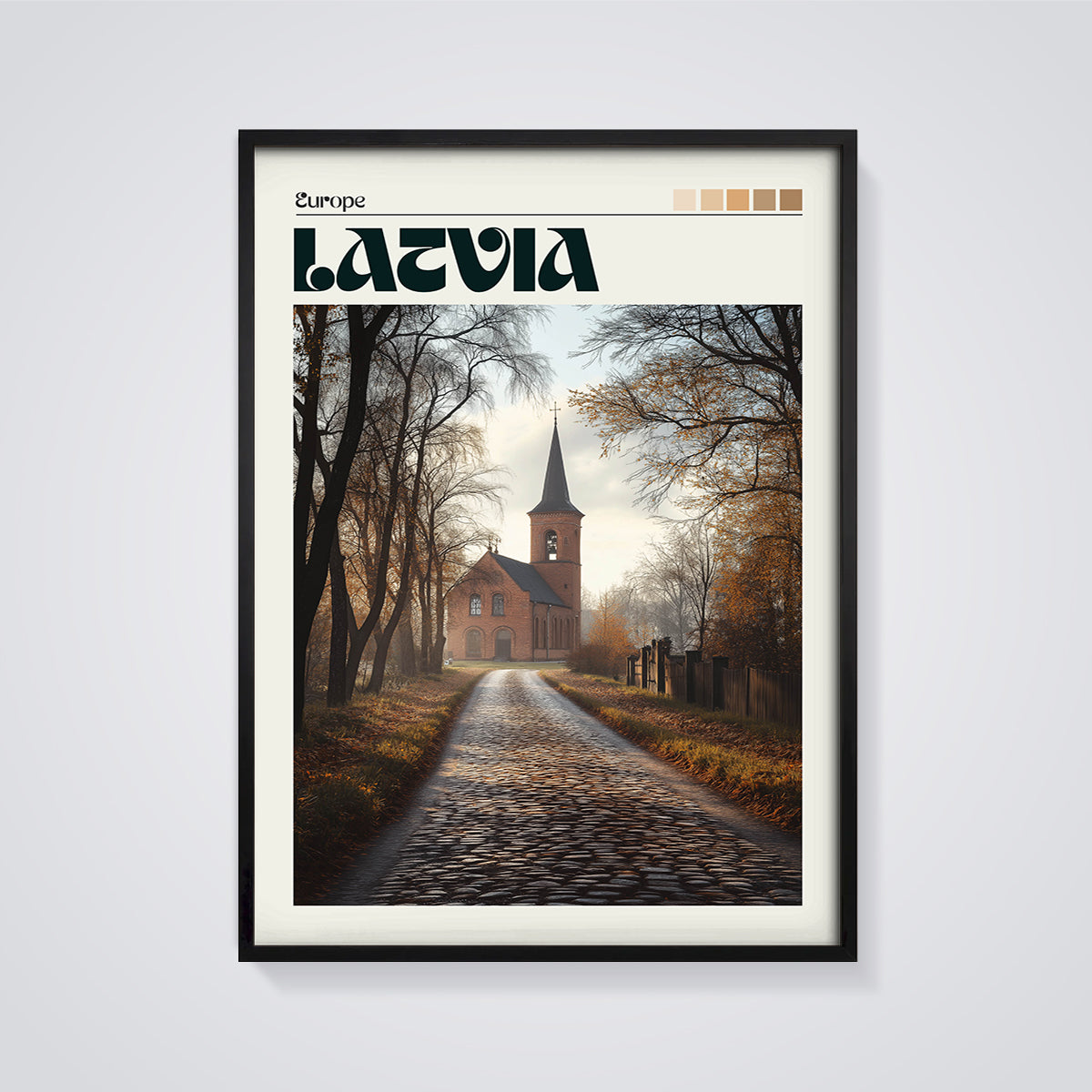 Latvia Church Path Autumn Print framed in black on a grey background