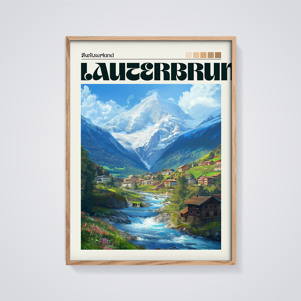 Lauterbrunnen Switzerland Valley Print framed in oak on a grey background