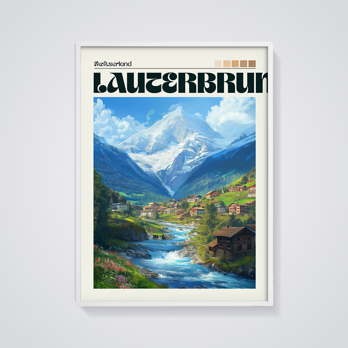 Lauterbrunnen Switzerland Valley Print framed in white on a grey background