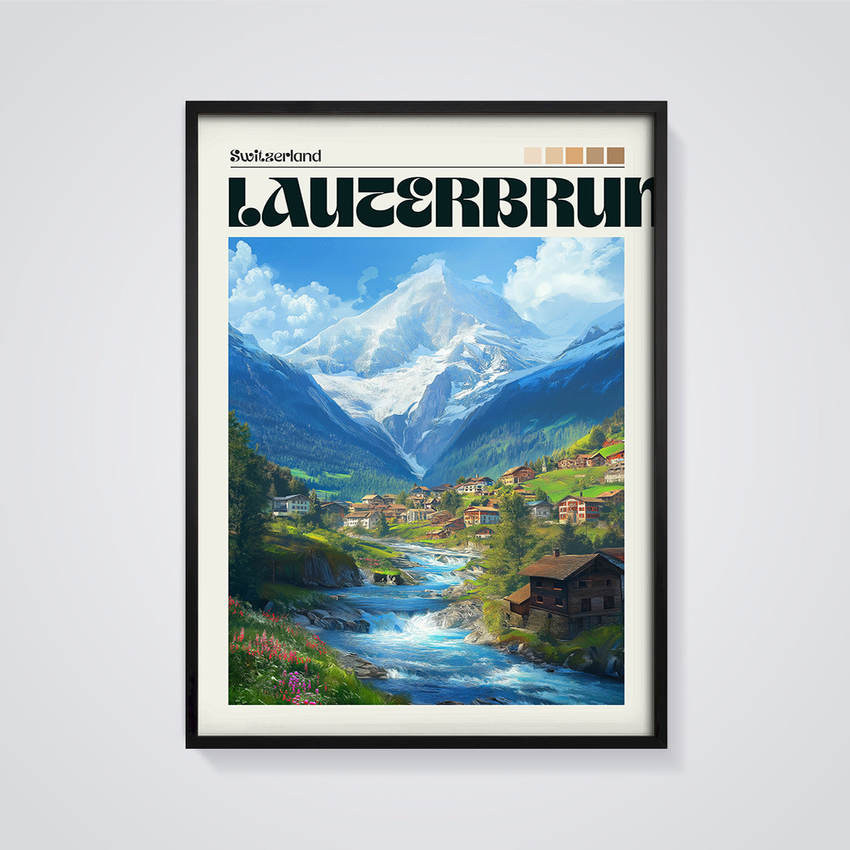 Lauterbrunnen Switzerland Valley Print framed in black on a grey background