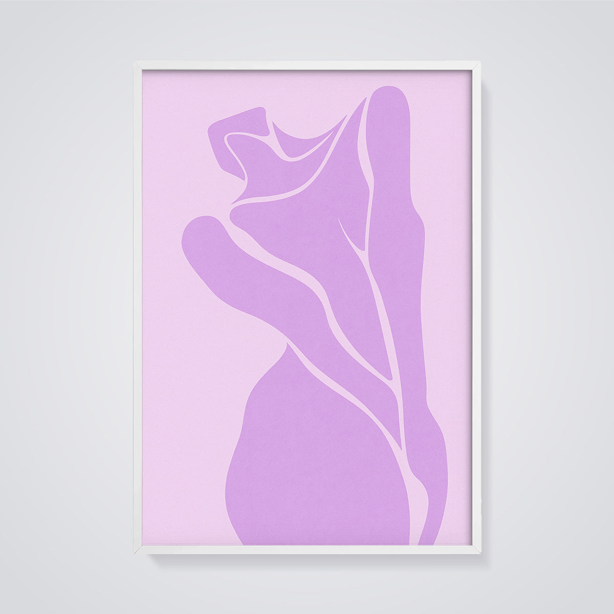 Lavender Organic Flow Print framed in white on a grey background