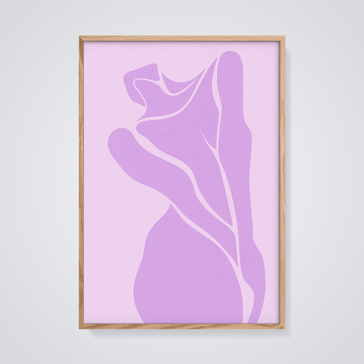 Lavender Organic Flow Print framed in oak on a grey background