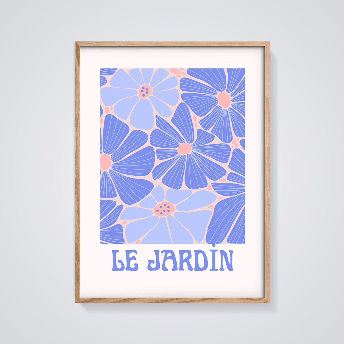 Le Jardin Groovy Floral Print framed in oak on a grey background