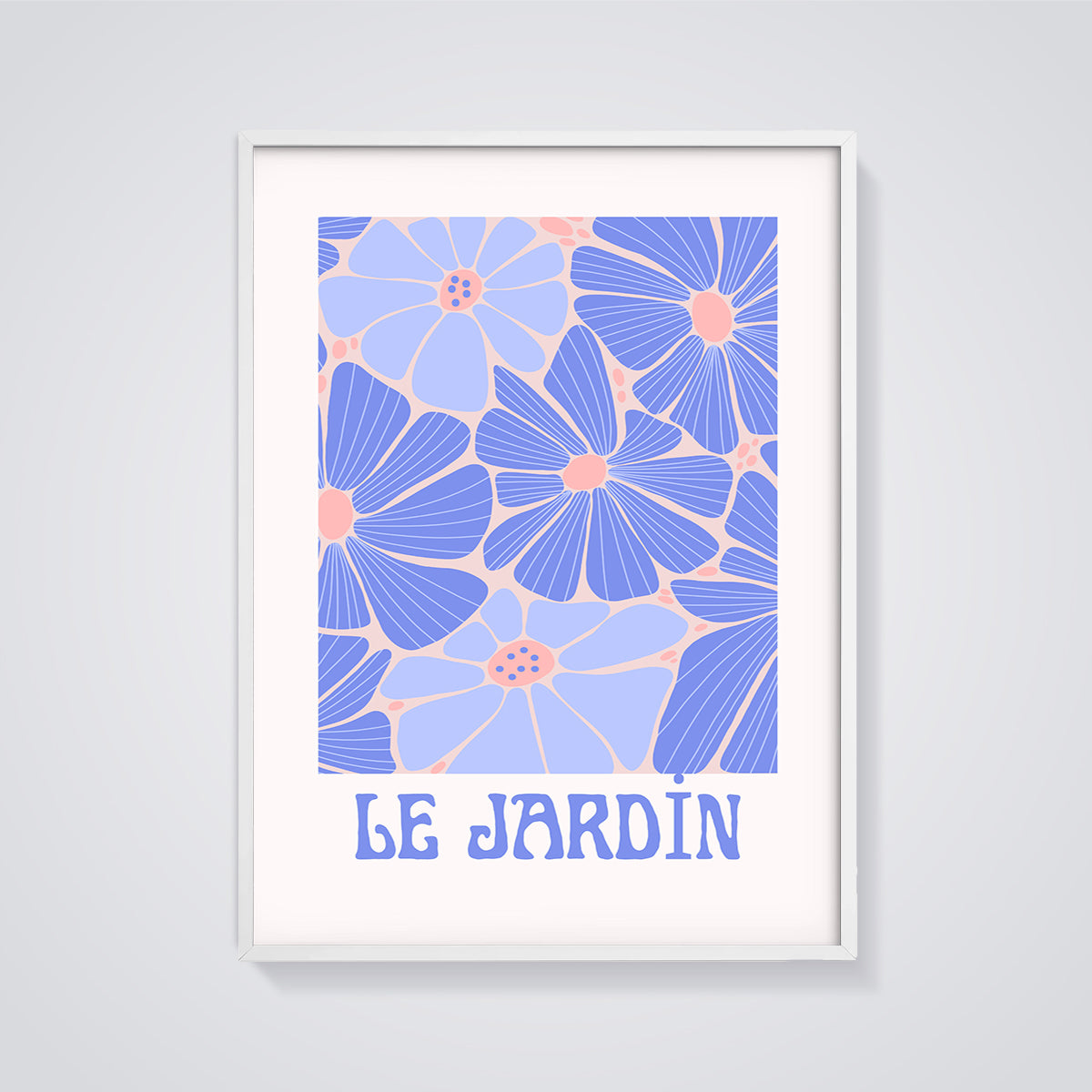 Le Jardin Groovy Floral Print framed in white on a grey background
