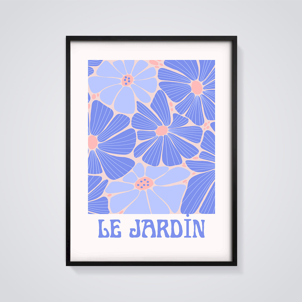 Le Jardin Groovy Floral Print framed in black on a grey background