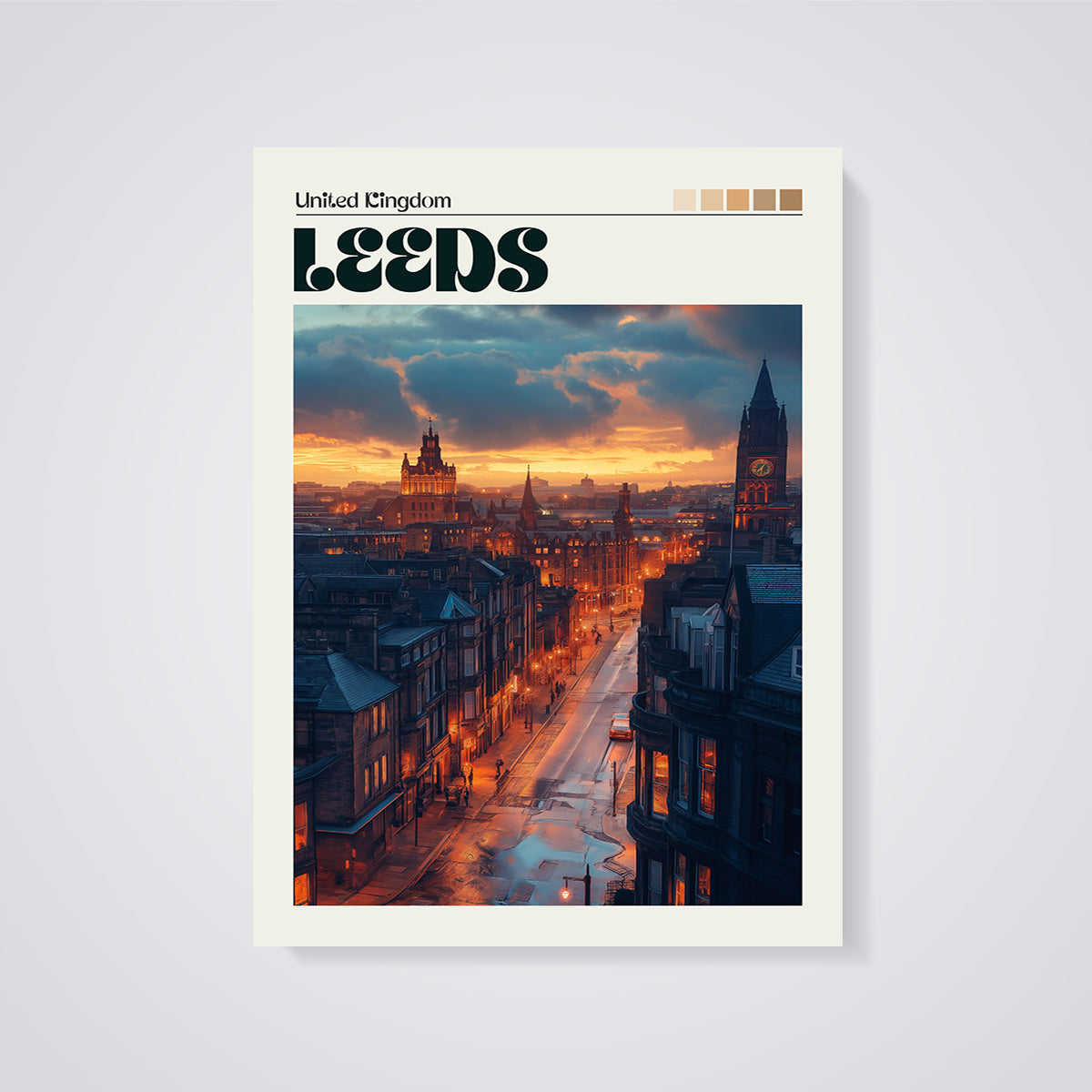 Leeds City Sunset Print unframed on a grey background