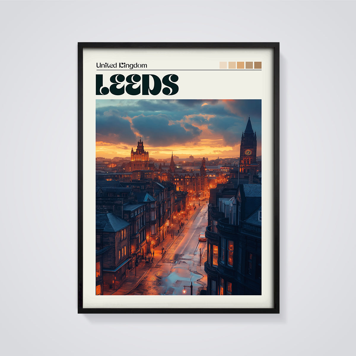 Leeds City Sunset Print framed in black on a grey background