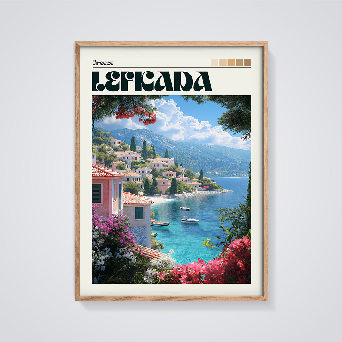 Lefkada Coastal Village Print framed in oak on a grey background