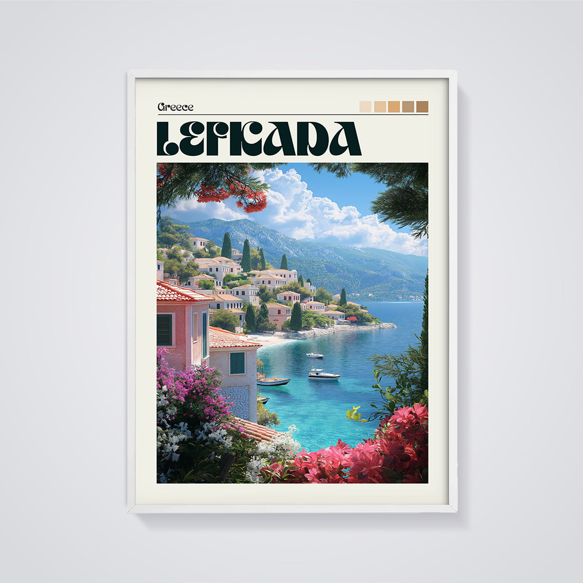 Lefkada Coastal Village Print framed in white on a grey background