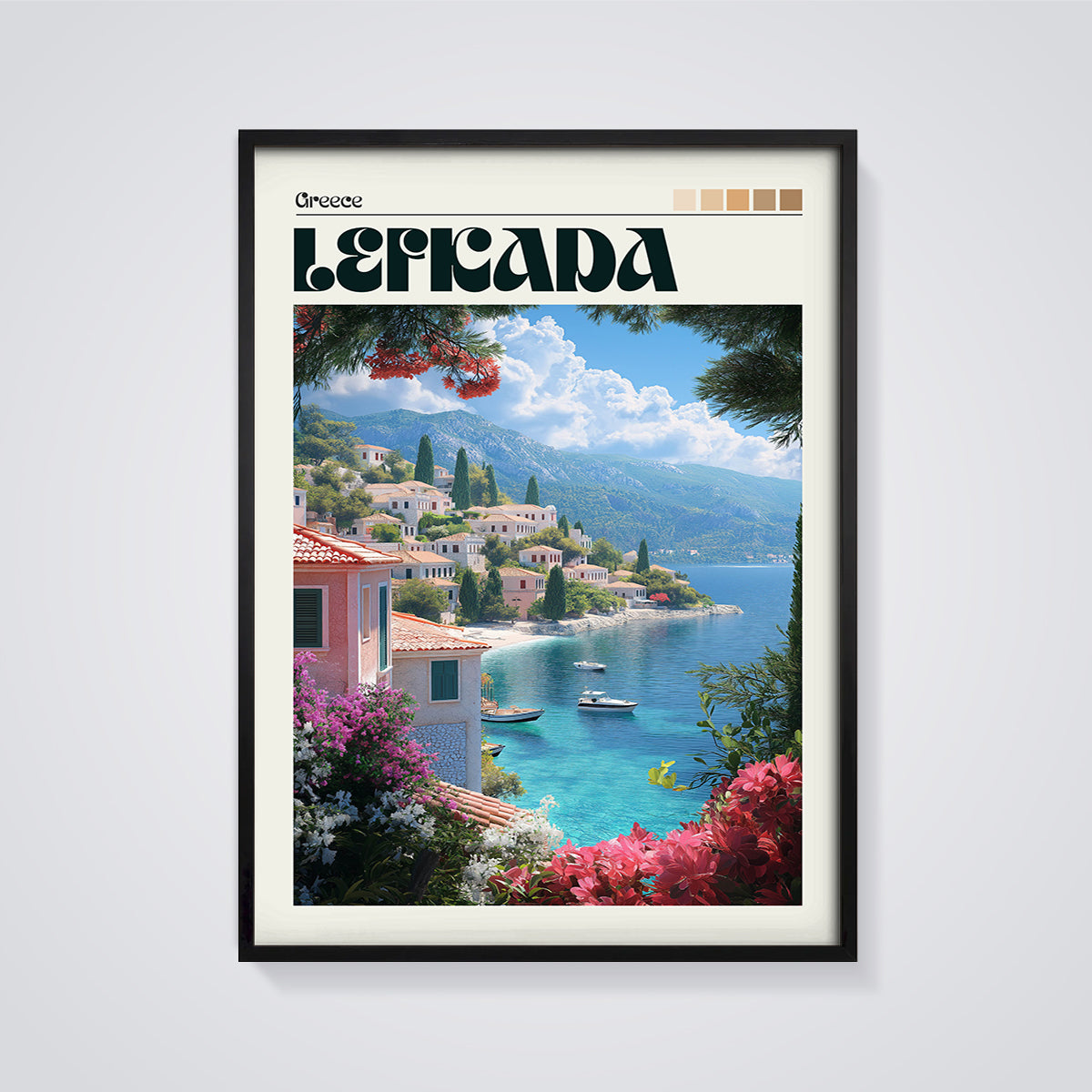 Lefkada Coastal Village Print framed in black on a grey background