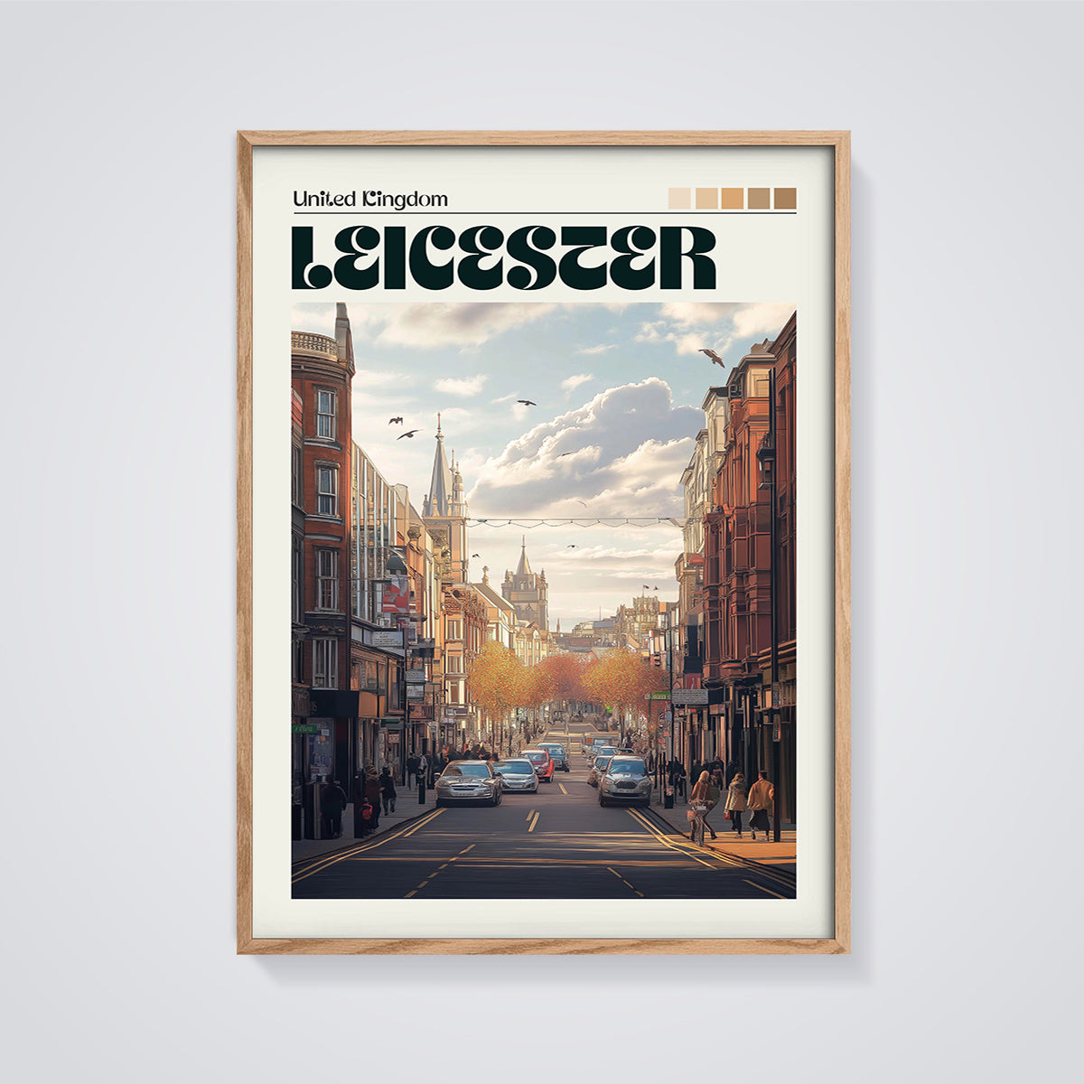 Leicester City Autumn Street Print framed in oak on a grey background