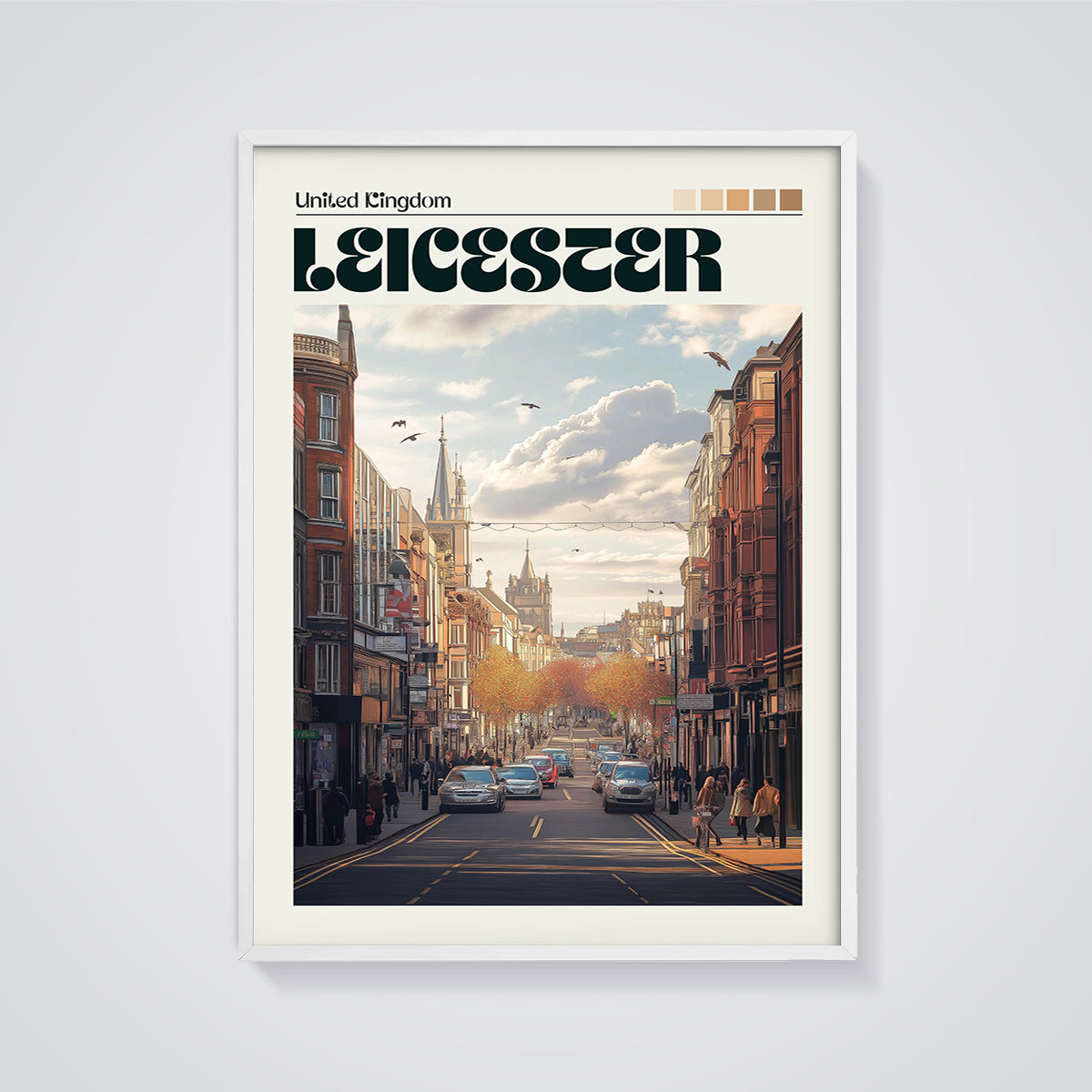 Leicester City Autumn Street Print framed in white on a grey background