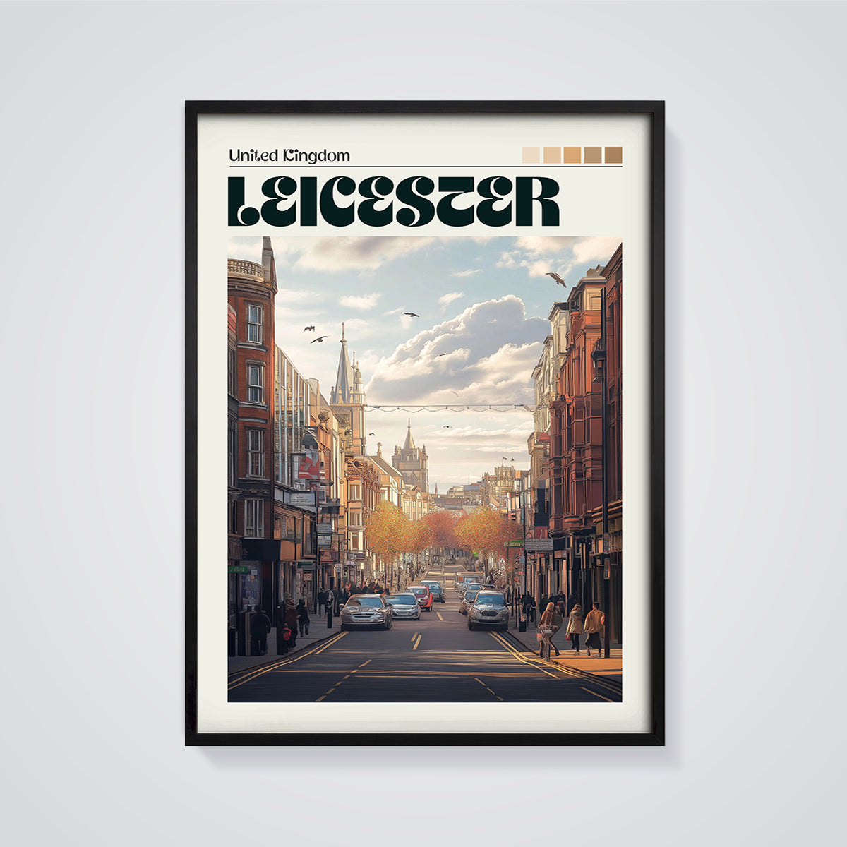 Leicester City Autumn Street Print framed in black on a grey background