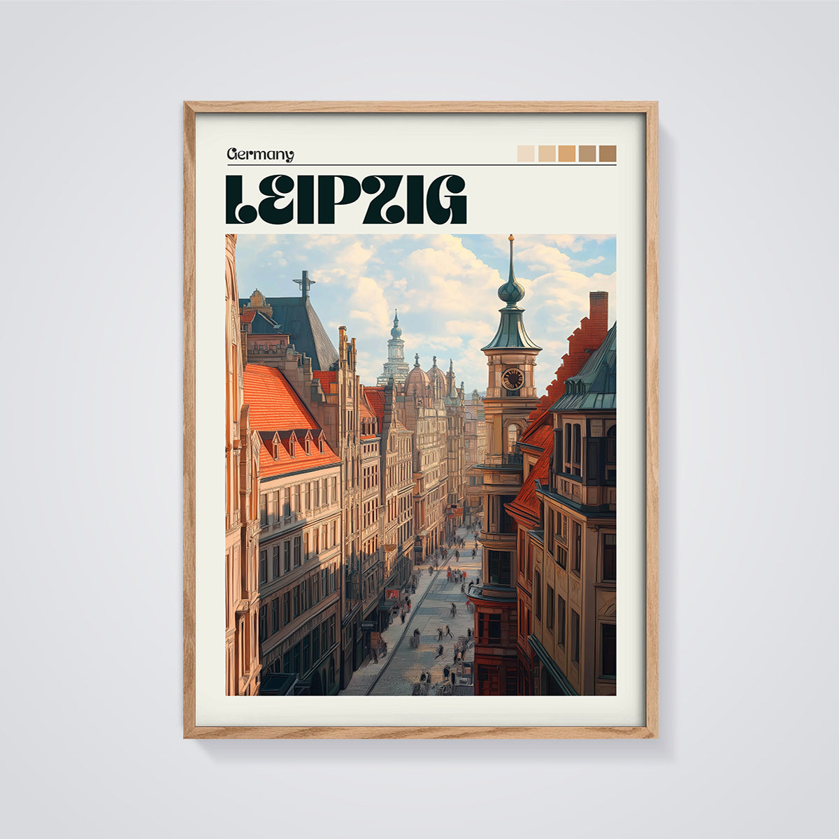 Leipzig Germany Cityscape Print framed in oak on a grey background