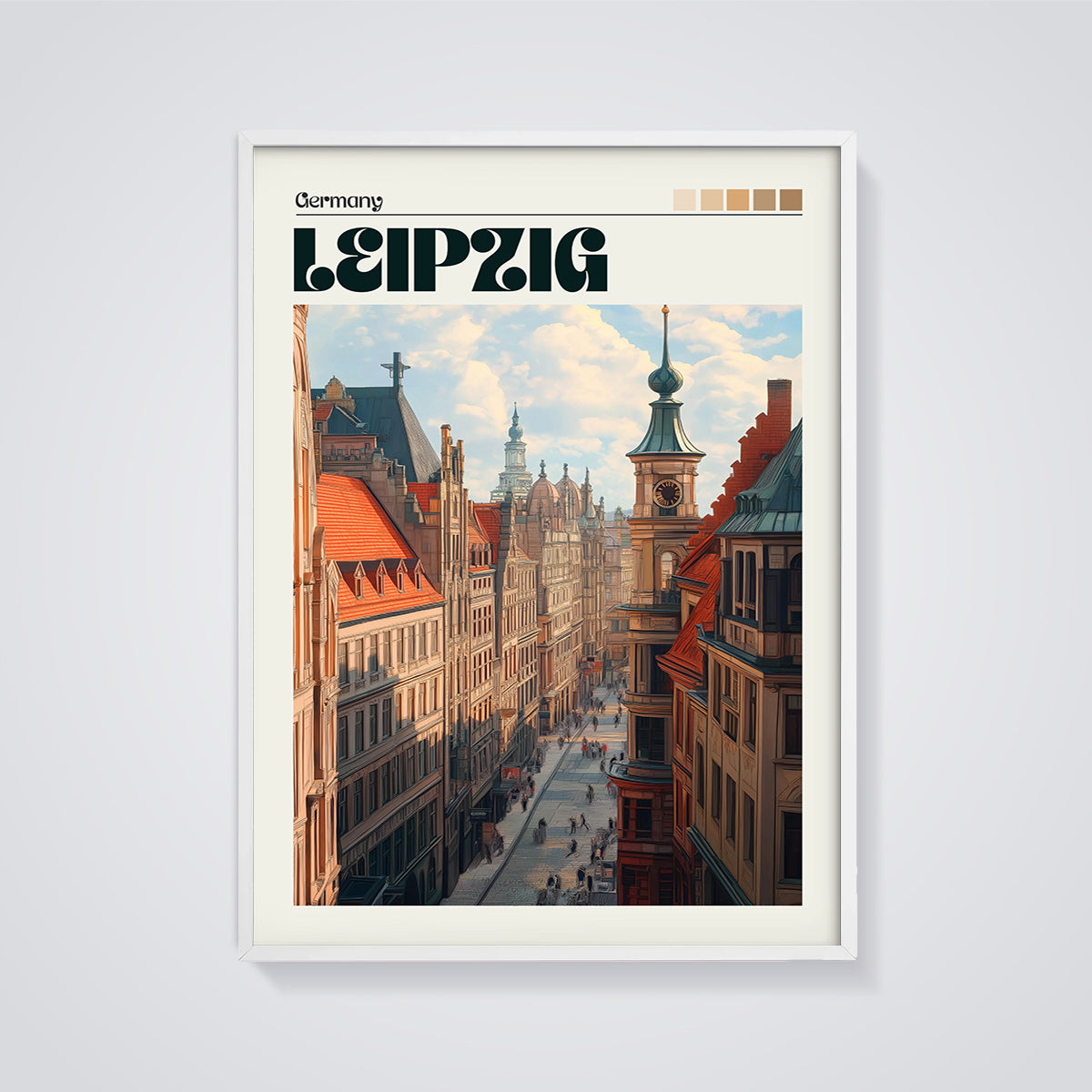 Leipzig Germany Cityscape Print framed in white on a grey background