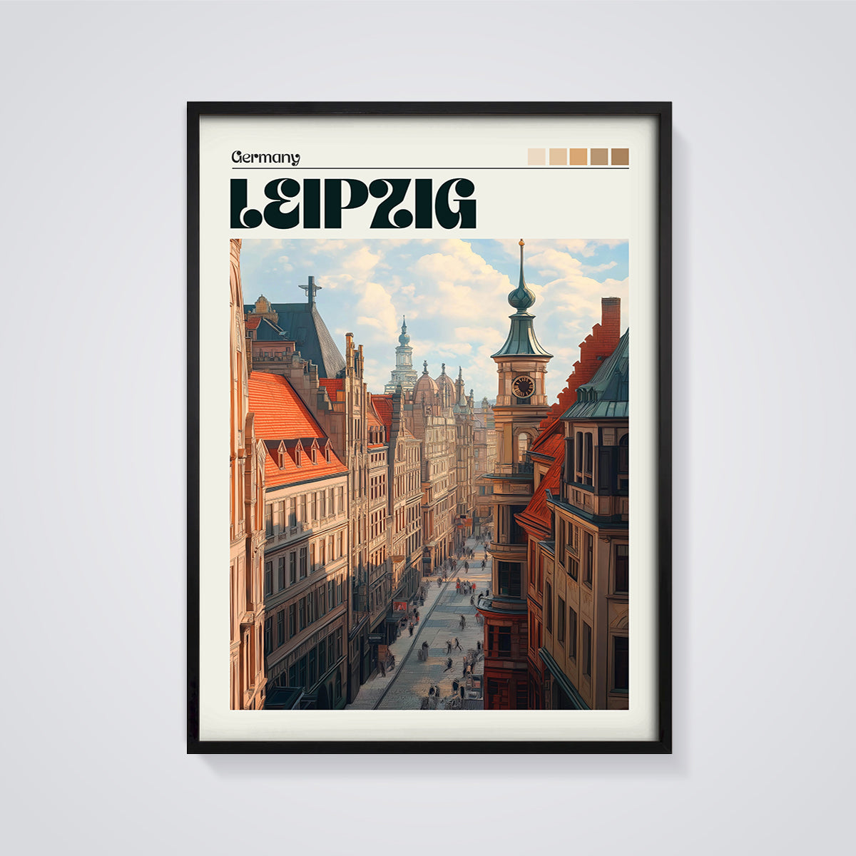 Leipzig Germany Cityscape Print framed in black on a grey background