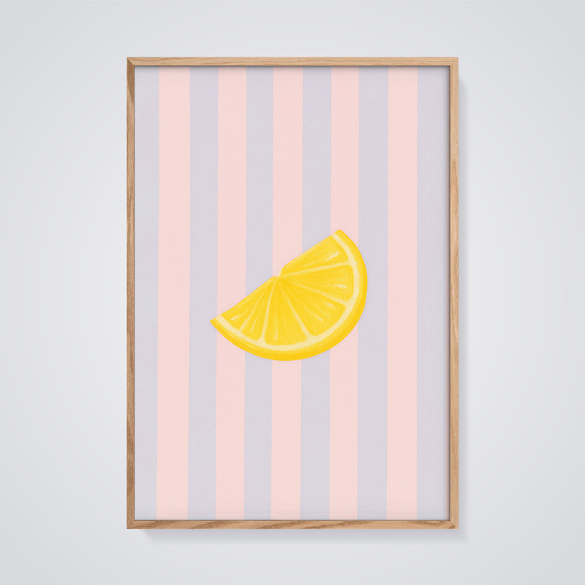 Lemon Slice Striped Print framed in oak on a grey background