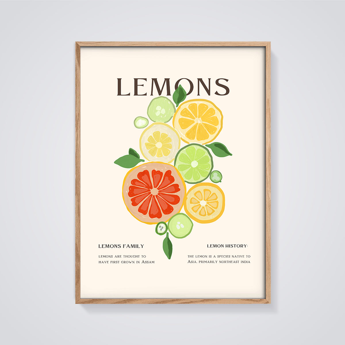 Lemons Citrus Slices Print framed in oak on a grey background