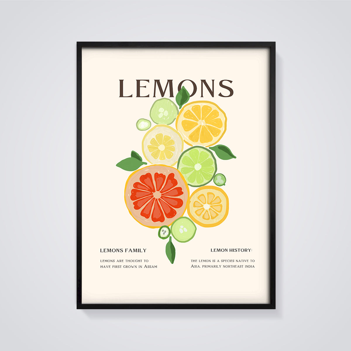 Lemons Citrus Slices Print framed in black on a grey background
