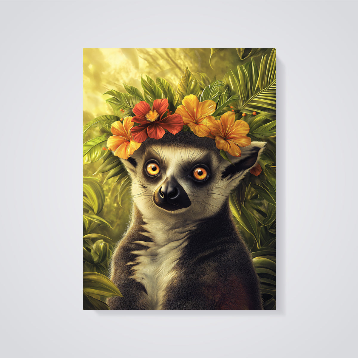 Lemur in Flower Crown Print unframed on a grey background