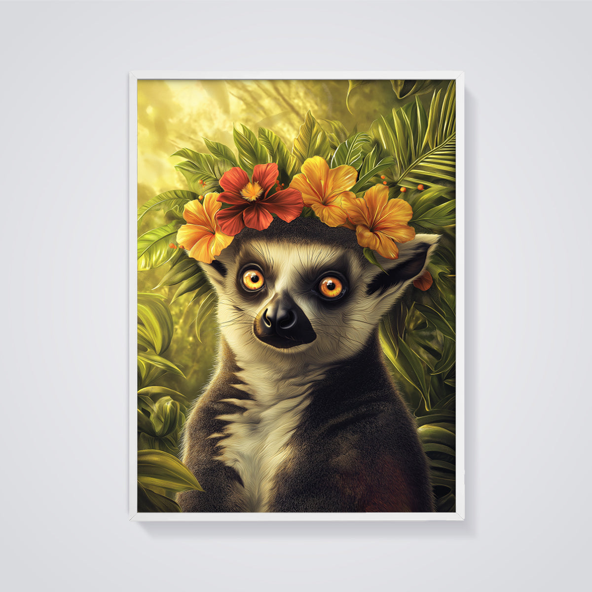 Lemur in Flower Crown Print framed in white on a grey background