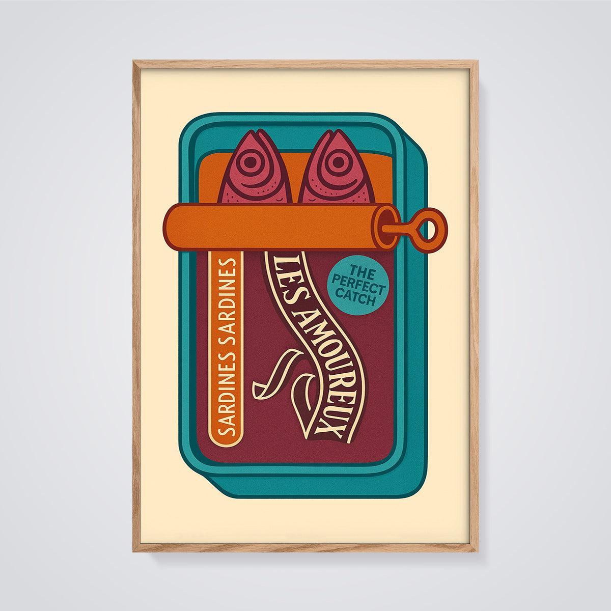Les Amoureux Sardines Print framed in oak on a grey background