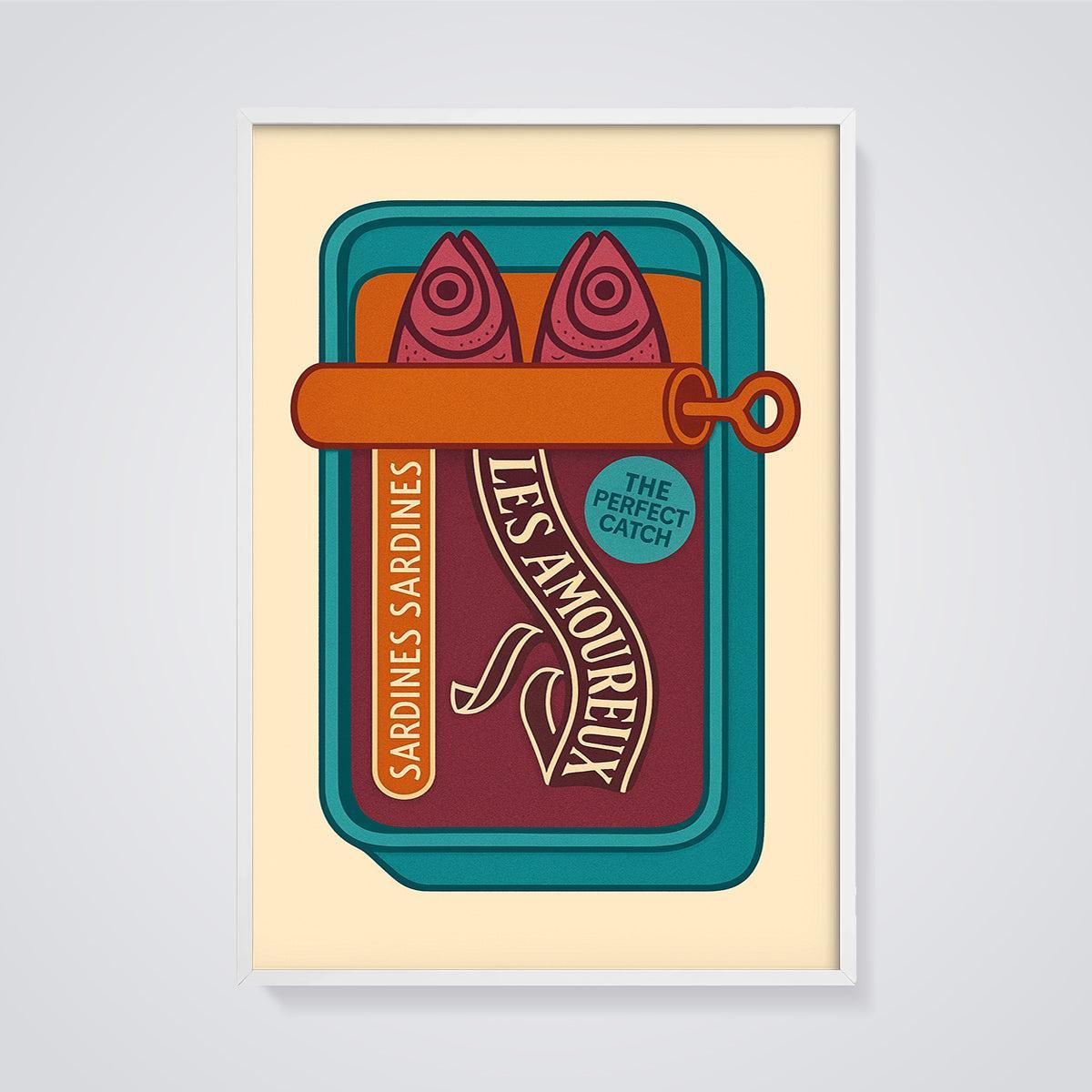 Les Amoureux Sardines Print framed in white on a grey background