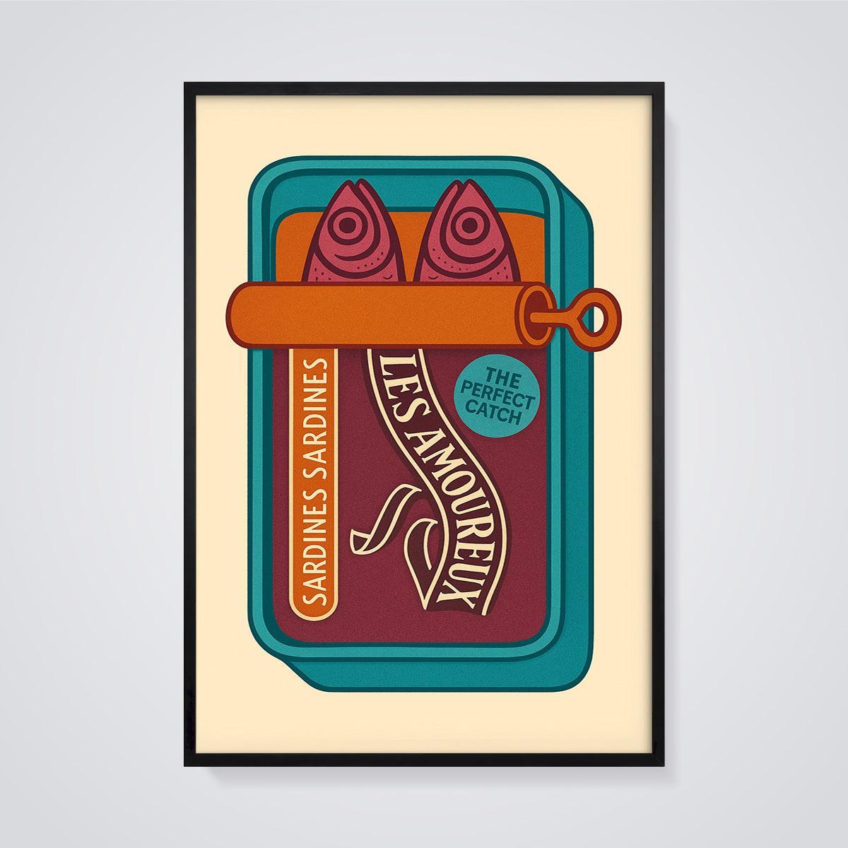 Les Amoureux Sardines Print framed in black on a grey background