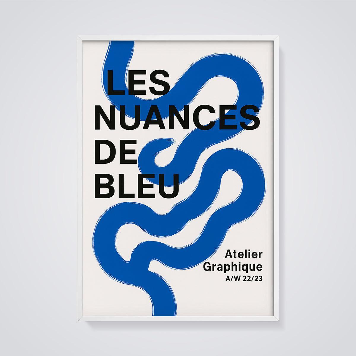 Les Nuances De Bleu Abstract Print framed in white on a grey background