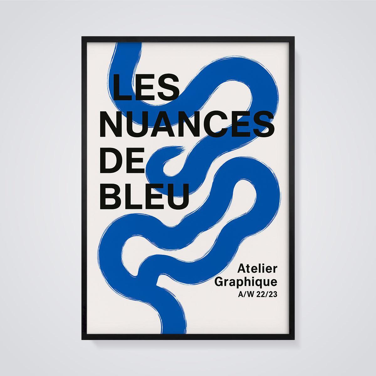 Les Nuances De Bleu Abstract Print framed in black on a grey background