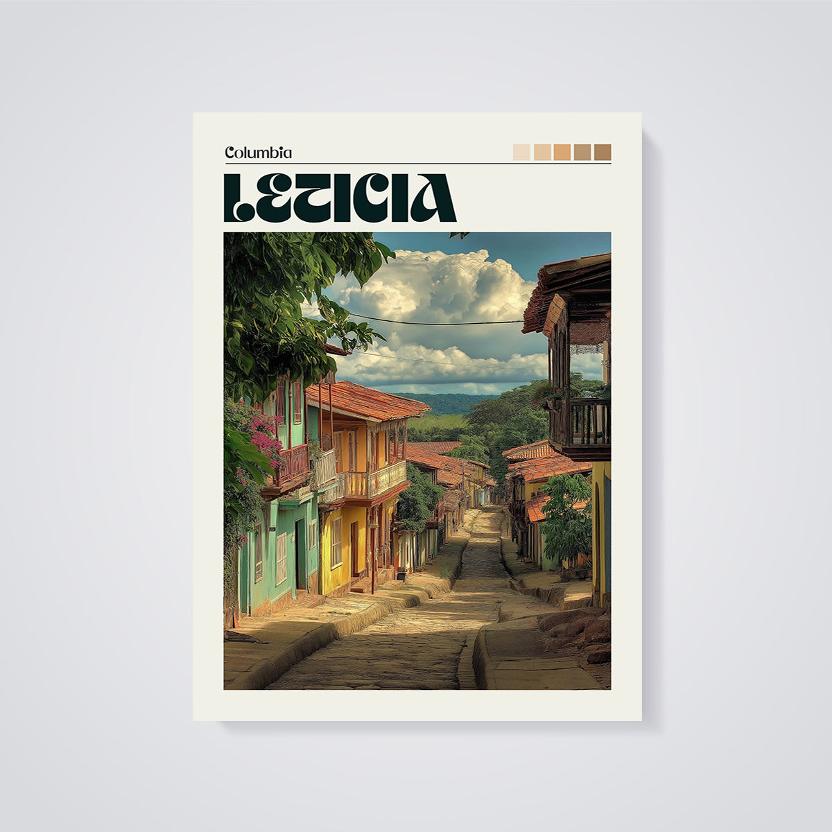 Leticia Street Scene Print unframed on a grey background