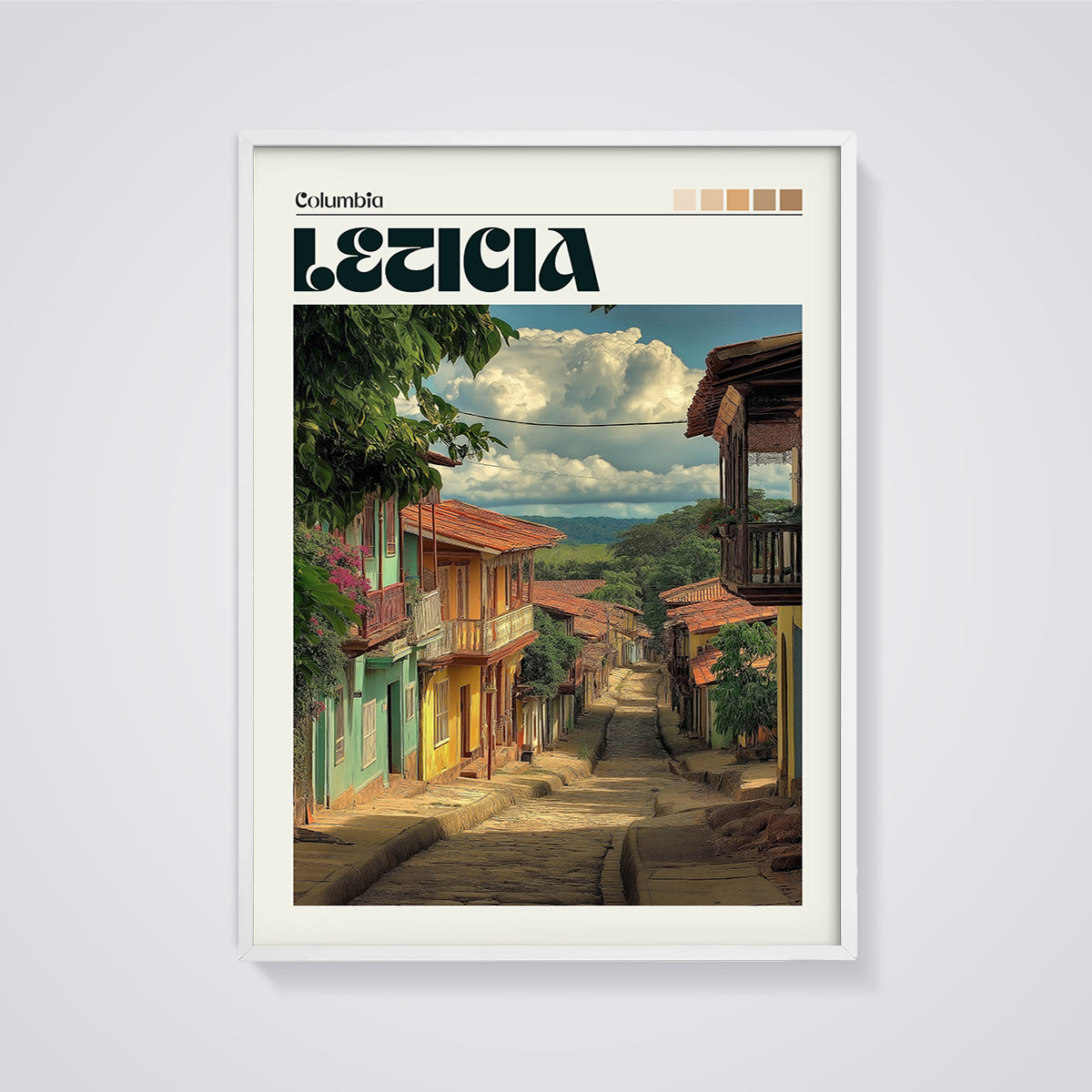 Leticia Street Scene Print framed in white on a grey background