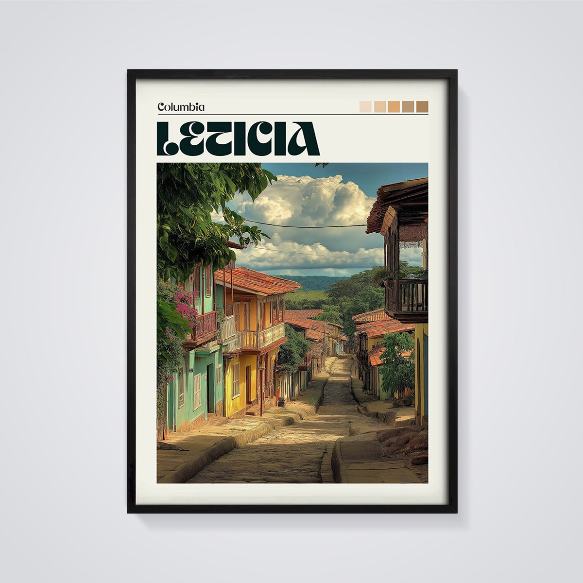 Leticia Street Scene Print framed in black on a grey background