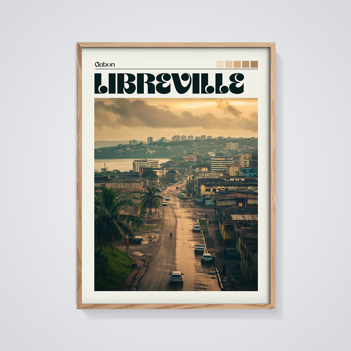 Libreville Gabon Cityscape Print framed in oak on a grey background
