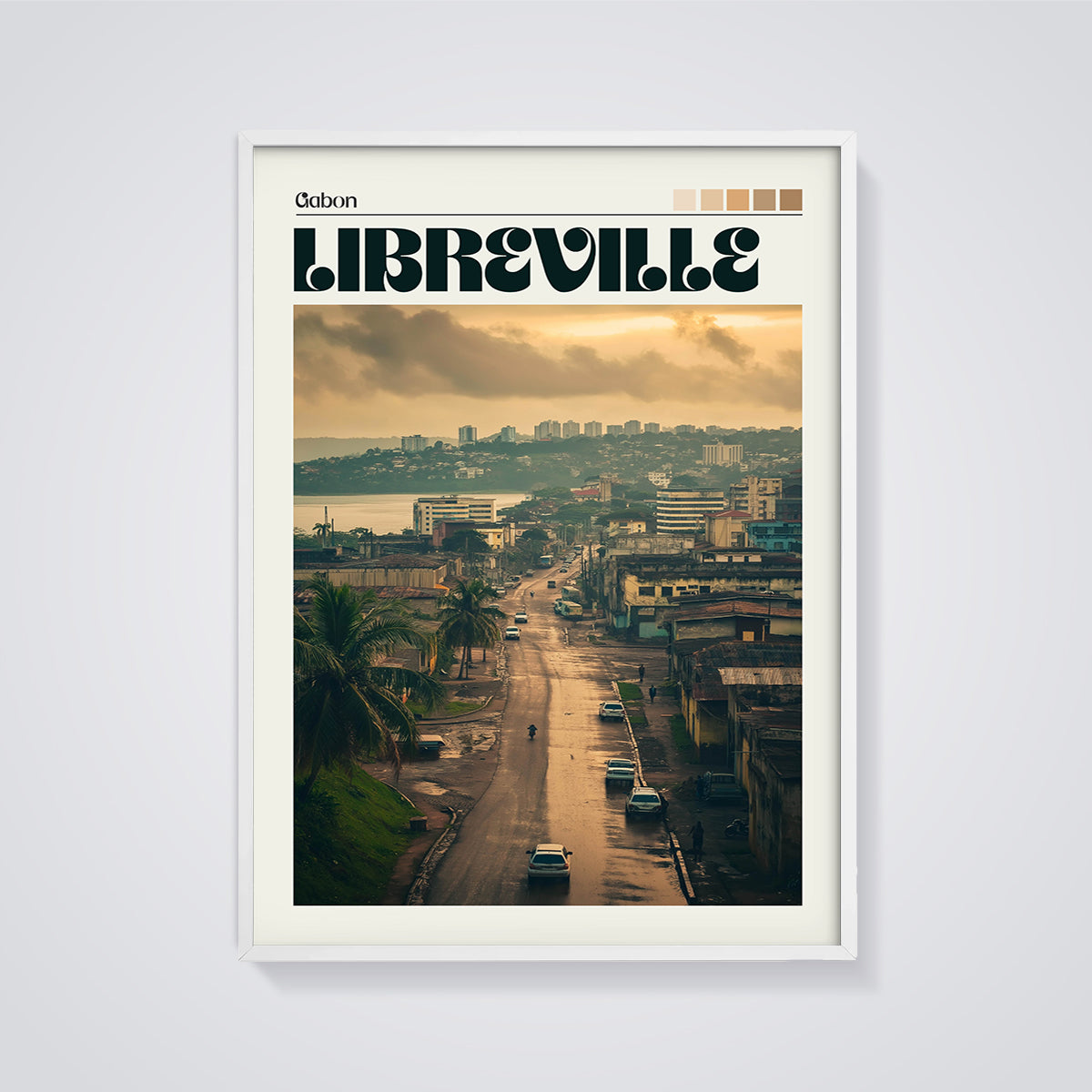 Libreville Gabon Cityscape Print framed in white on a grey background